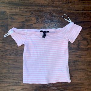 Forever 21 Pink and White Off the Shoulder Top